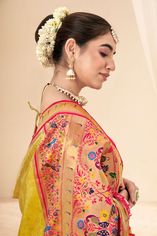 Alluring Yellow Color Function Wear Handloom Silk Saree