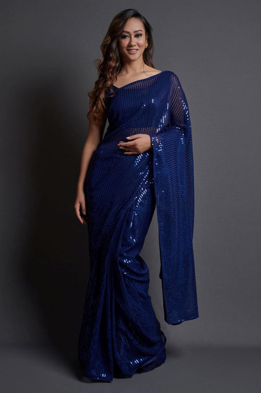 Georgette Fabric Beautiful Blue Color Saree With Sequins Work