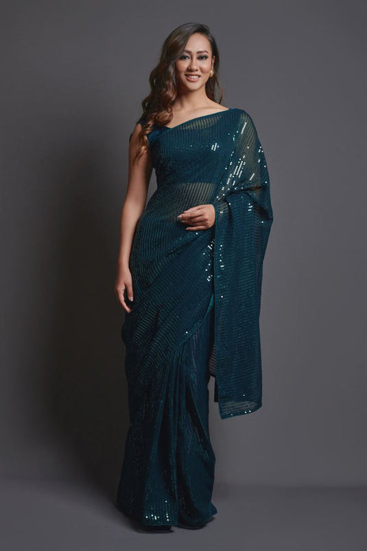 Sequins Work On Teal Color Georgette Fabric Party Wear Saree