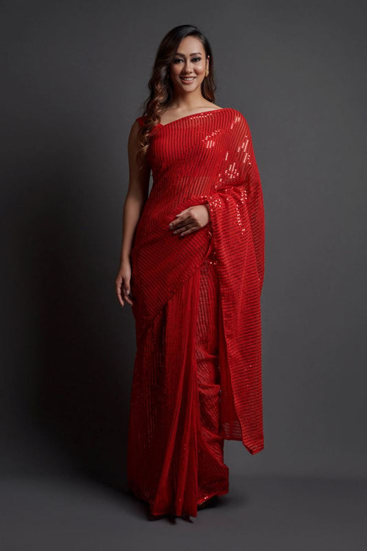 Elegant Sequins Work On Georgette Fabric Red Color Party Wear Saree