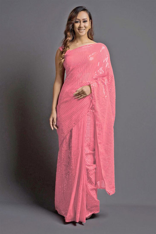 Elegant Sequins Work On Georgette Fabric Pink Color Party Wear Saree