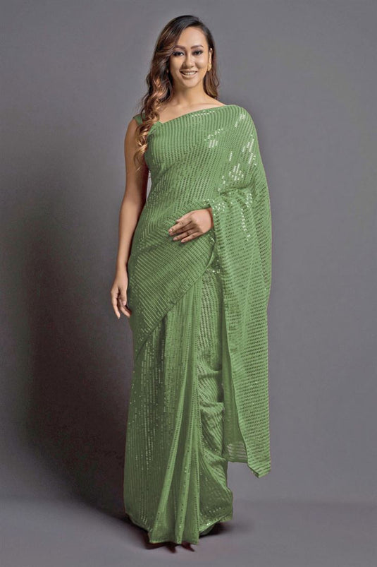 Georgette Fabric Sea Green Color Party Wear Saree With Sequins Work