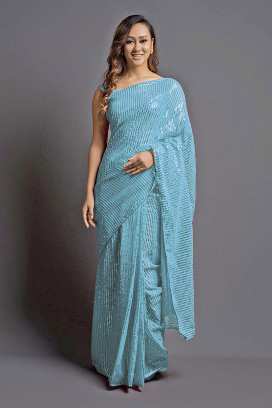 Radiant Sequins Work On Sky Blue Color Georgette Fabric Function Wear Saree