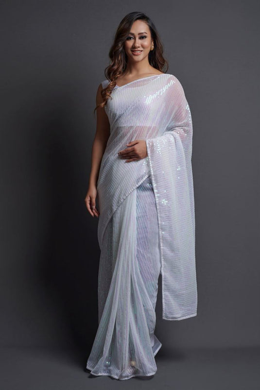 Sequins Work On White Color Party Wear Classic Saree In Georgette Fabric