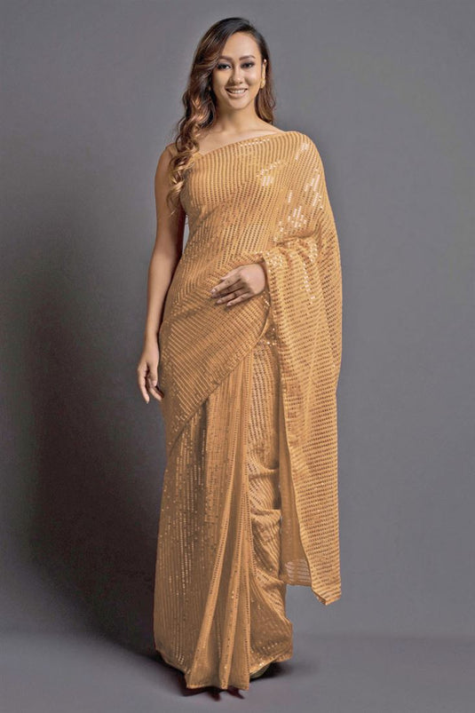 Radiant Sequins Work On Beige Color Party Wear Georgette Saree