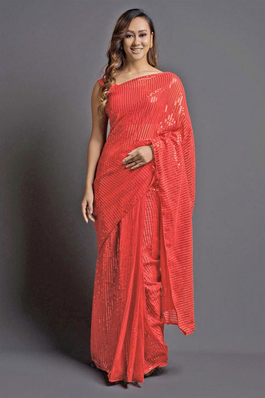 Georgette Fabric Beautiful Peach Color Saree With Sequins Work