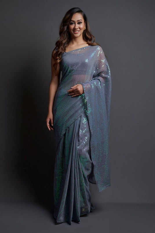 Grey Color Sequins Work Georgette Fabric Party Wear Stunning Saree