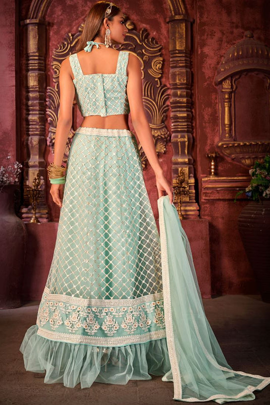 Function Wear Sea Green Color Awesome Lehenga With Net Dupatta