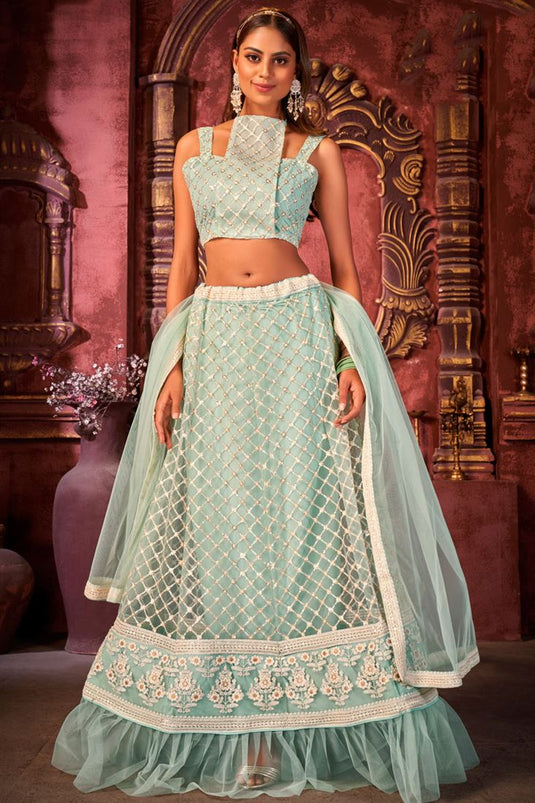 Function Wear Sea Green Color Awesome Lehenga With Net Dupatta