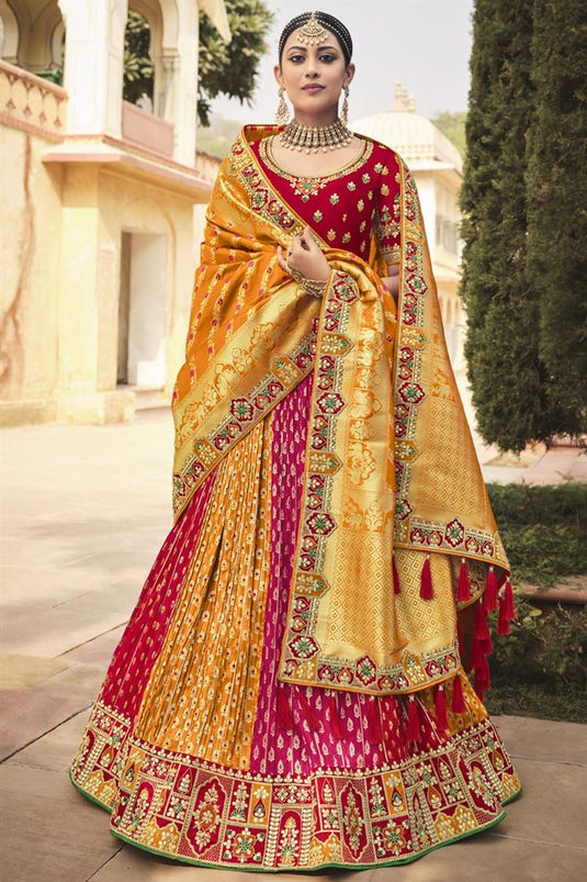 Gorgeous Multi Color Embroidered Wedding Wear Lehenga Choli In Silk Fabric