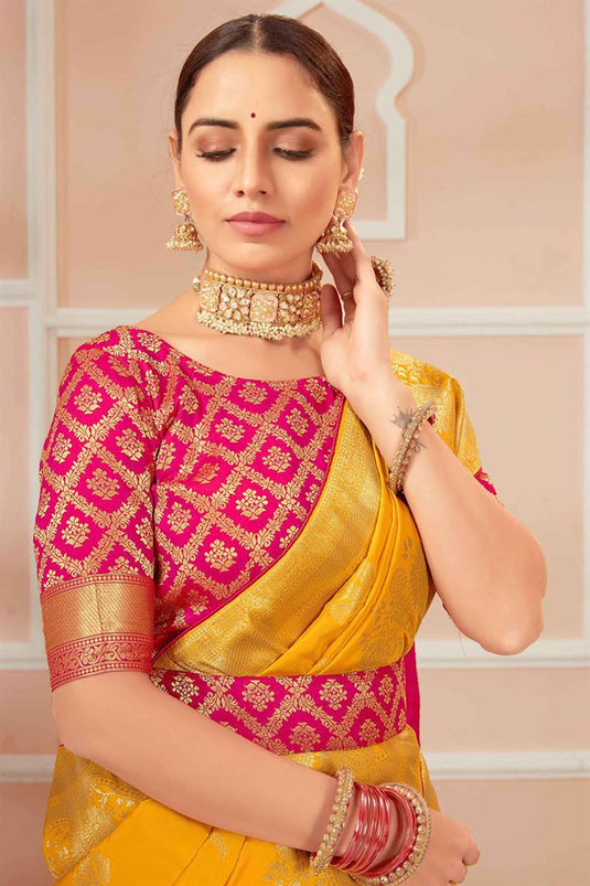 Yellow Color Festive Wear Banarasi Silk Saree With Weaving Work