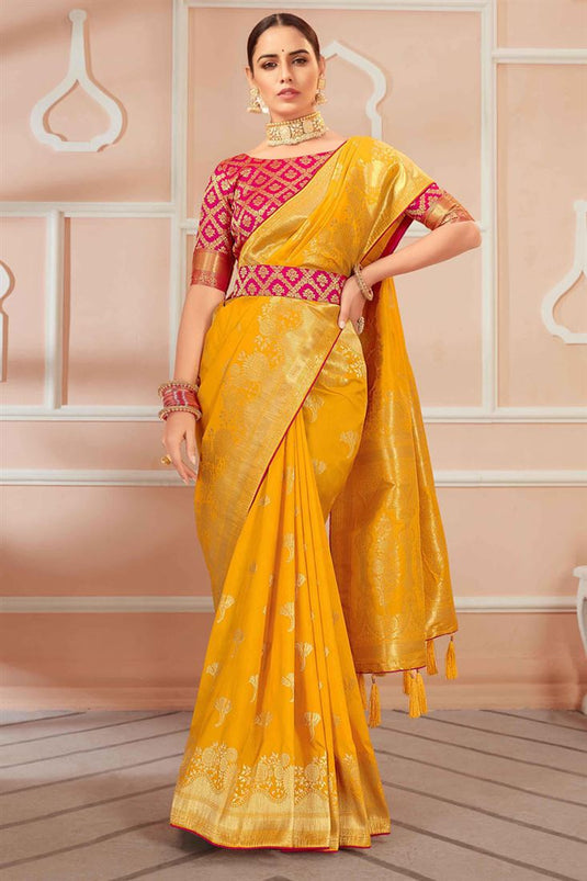 Yellow Color Festive Wear Banarasi Silk Saree With Weaving Work