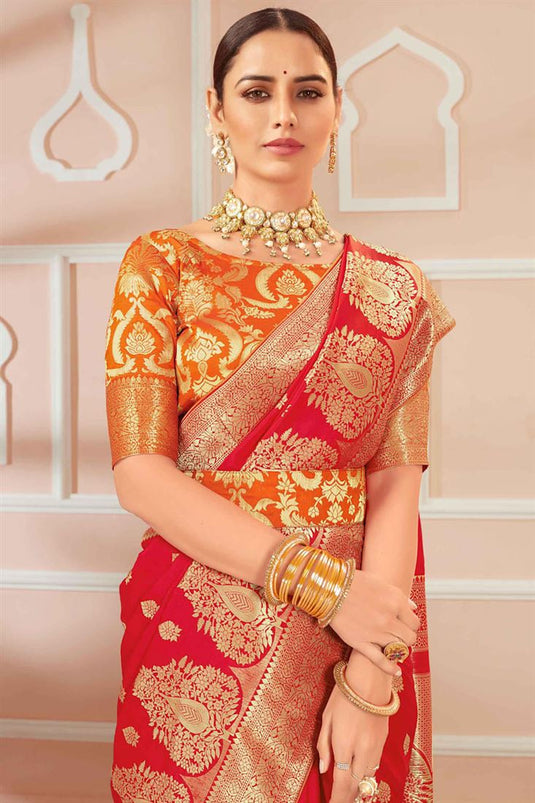 Alluring Red Color Designer Banarasi Silk Saree With Weaving Work