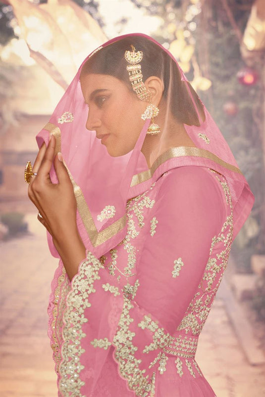 Embroidered Work Net Fabric Pink Color Function Wear Incredible Sharara Suit