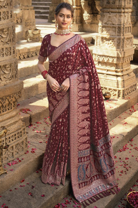 Engaging Maroon Color Art Silk Fabric Traditional Saree With Weaving Work