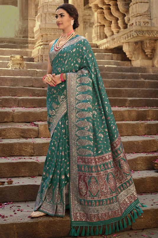 Classic Weaving Work On Teal Color Function Wear Saree In Art Silk Fabric