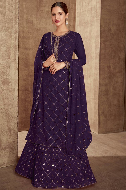 Purple Color Sangeet Wear Sequins Work Georgette Fabric Sharara Top Lehenga Featuring Vartika Singh