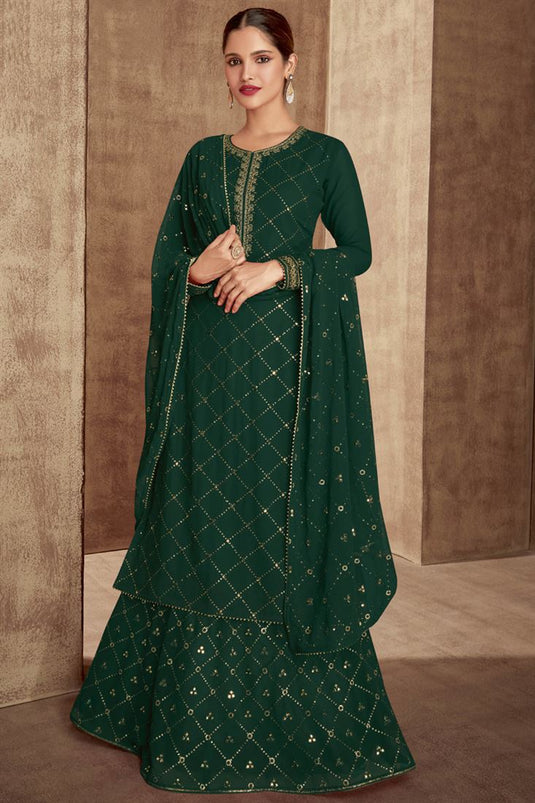 Georgette Fabric Sangeet Wear Dark Green Color Sequins Work Sharara Top Lehenga Featuring Vartika Singh