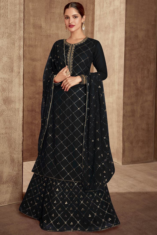Georgette Fabric Sangeet Wear Black Color Sequins Work Sharara Top Lehenga Featuring Vartika Singh