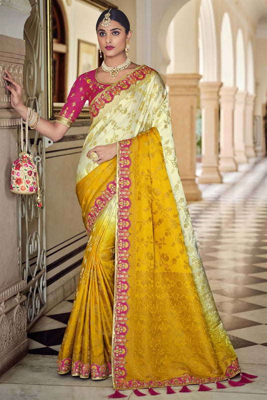 Banarasi Fabric Attrective Yellow Color Wedding Wear Saree With Weaving Work
