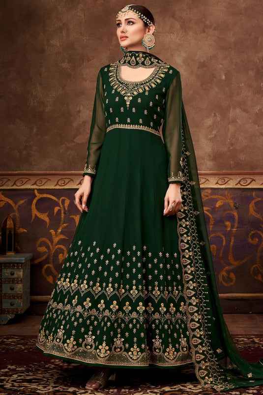 Dazzling Embroidered Work On Dark Green Color Function Wear Anarkali Suit In Georgette Fabric