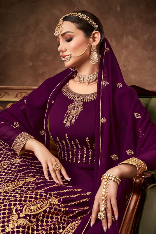 Purple Color Georgette Fabric Function Wear Anarkali Suit With Embroidered Work
