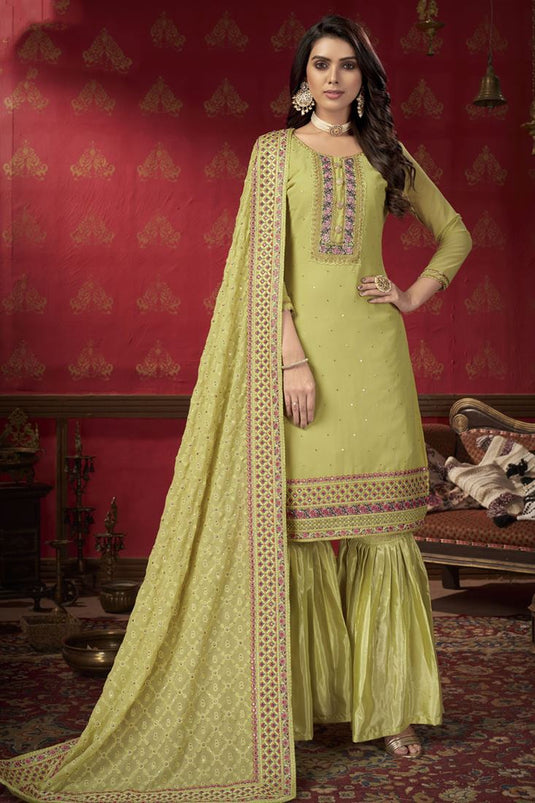 Party Wear Embroidered Work Yellow Color Sharara Suit In Georgette Fabric