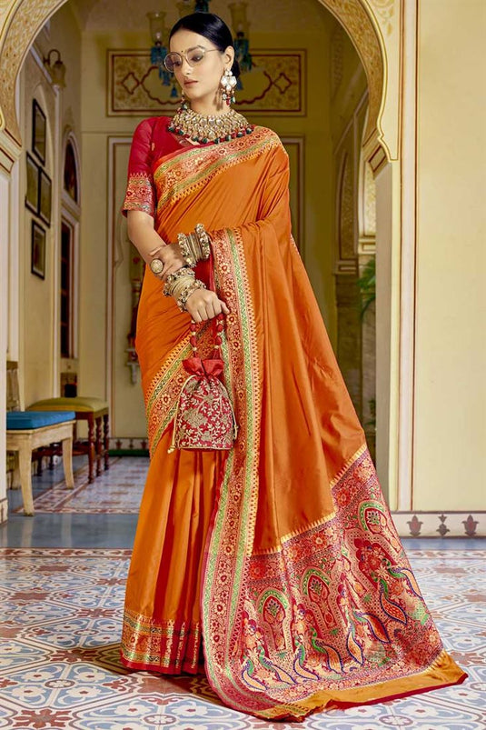 Weaving Work On Banarasi Style Festival Wear Art Silk Fabric Saree In Orange Color