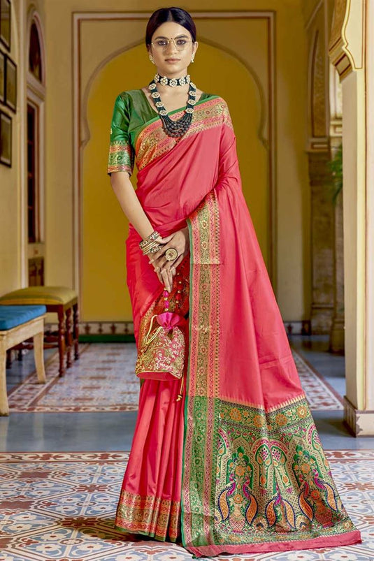 Weaving Work On Art Silk Fabric Banarasi Style Designer Saree In Pink Color