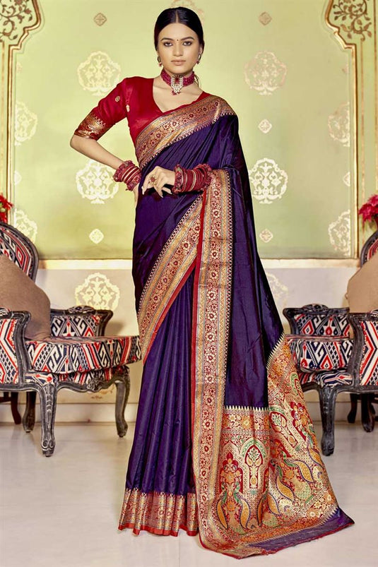 Purple Color Banarasi Style Traditional Art Silk Fabric Saree With Weaving Work