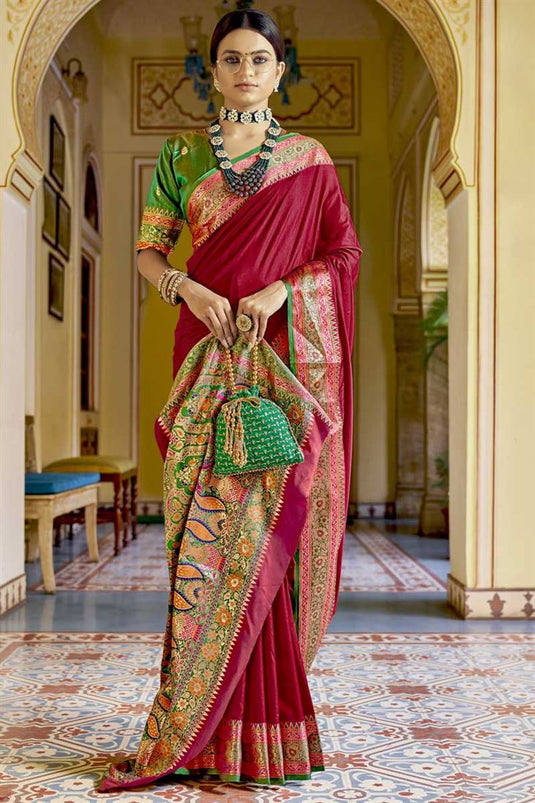 Weaving Work On Maroon Color Banarasi Style Festival Wear Art Silk Fabric Saree
