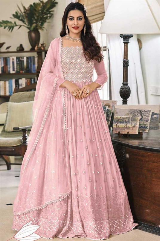 Georgette Fabric Designer Sangeet Wear Embroidered Work Anarkali Suit In Pink Color