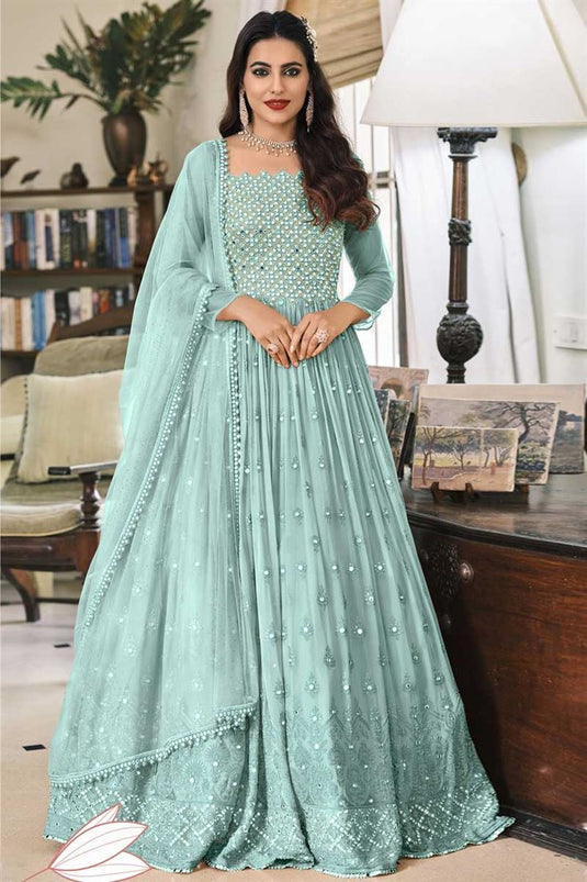 Light Cyan Color Sangeet Wear Charismatic Embroidered Work Anarkali Suit In Georgette Fabric