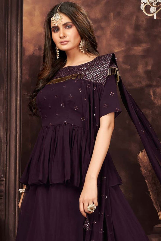 Georgette Fabric Wine Color Party Wear Readymade Salwar Suit With Imposing Sequins Work