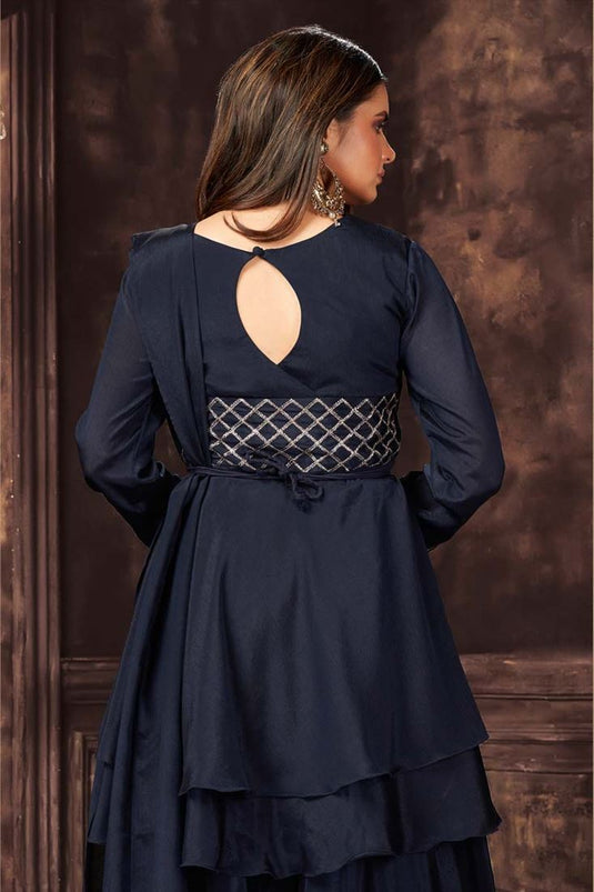 Chinon Fabric Enthralling Navy Blue Color Party Wear Readymade Salwar Suit With Embroidered Work