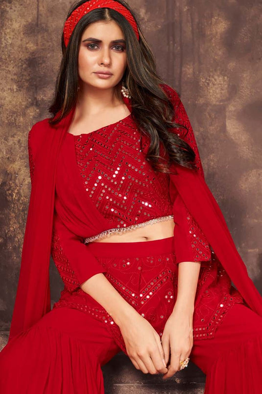 Sequins Work Party Wear Red Color Georgette Fabric Admirable Readymade Salwar Suit