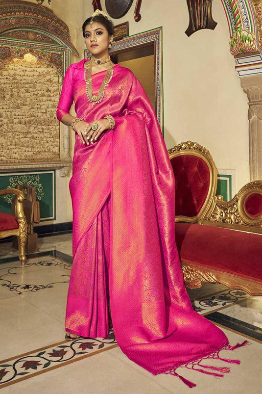 Glittering Weaving Work On Rani Color Art Silk Fabric Sangeet Wear Stylish Saree