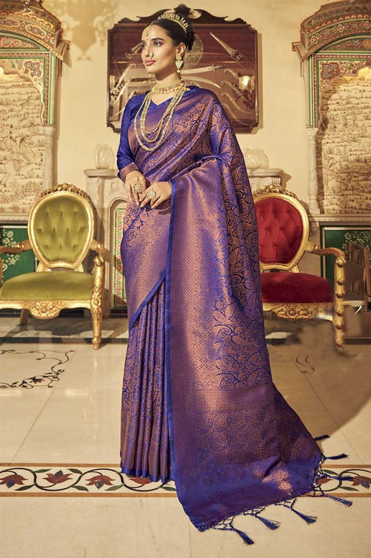 Phenomenal Weaving Work On Blue Color Sangeet Wear Saree In Art Silk Fabric