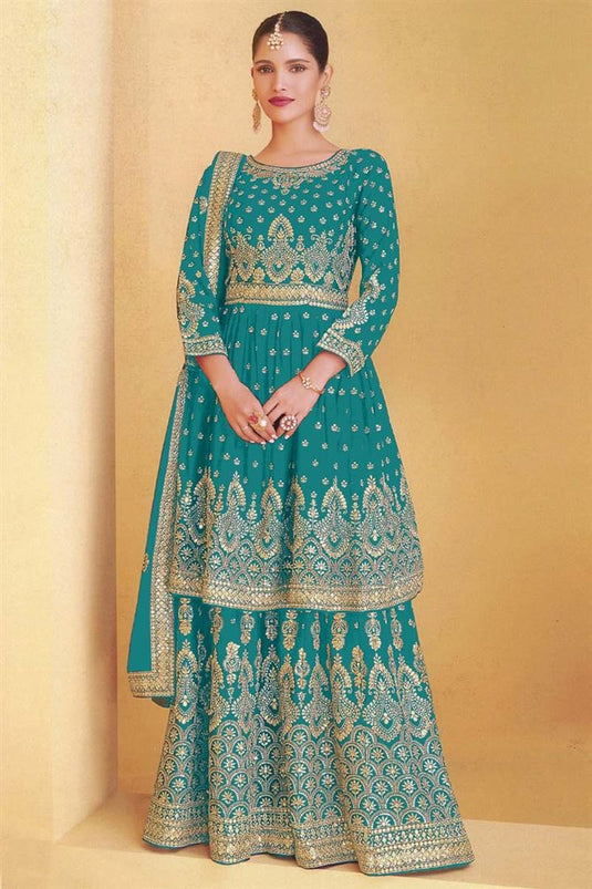 Captivating Georgette Fabric Cyan Color Party Wear Palazzo Suit Featuring Vartika Singh With Embroidered Work