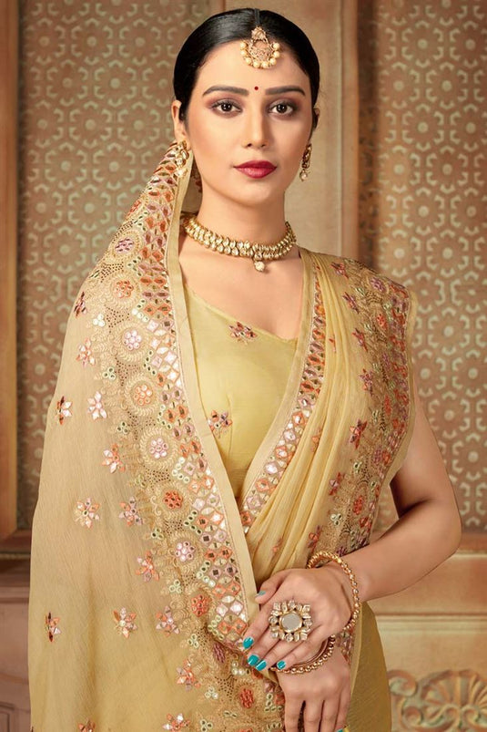 Beige Color Festival Wear Chiffon Fabric Incredible Saree With Embroidered Work