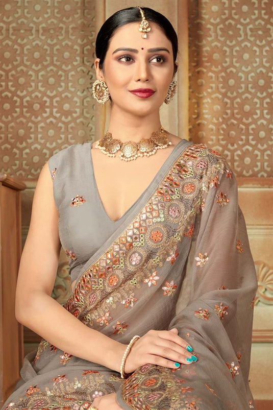 Grey Color Festival Wear Chiffon Fabric Charismatic Saree With Embroidered Work