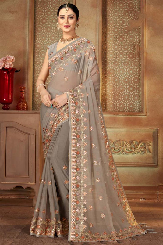 Grey Color Festival Wear Chiffon Fabric Charismatic Saree With Embroidered Work