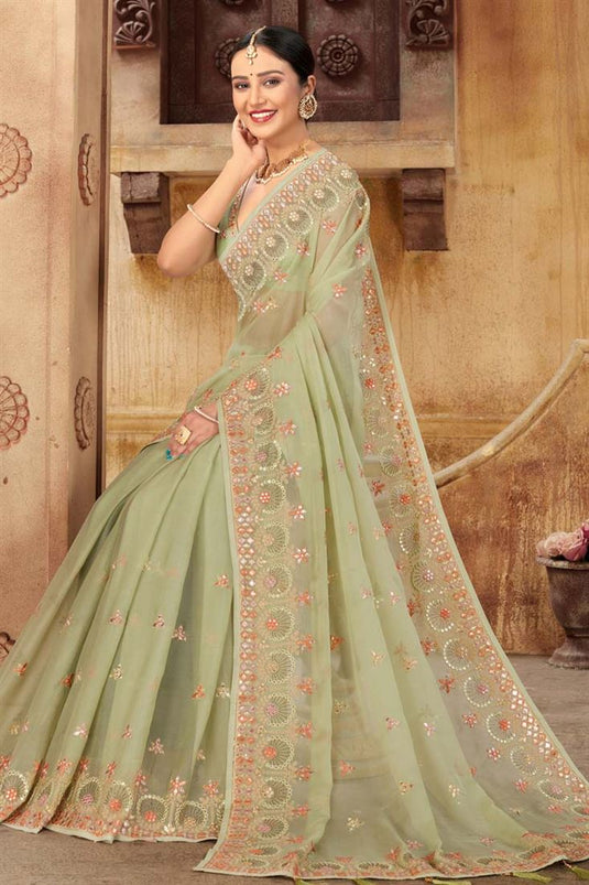 Chiffon Fabric Festival Wear Sea Green Color Phenomenal Saree With Embroidered Work