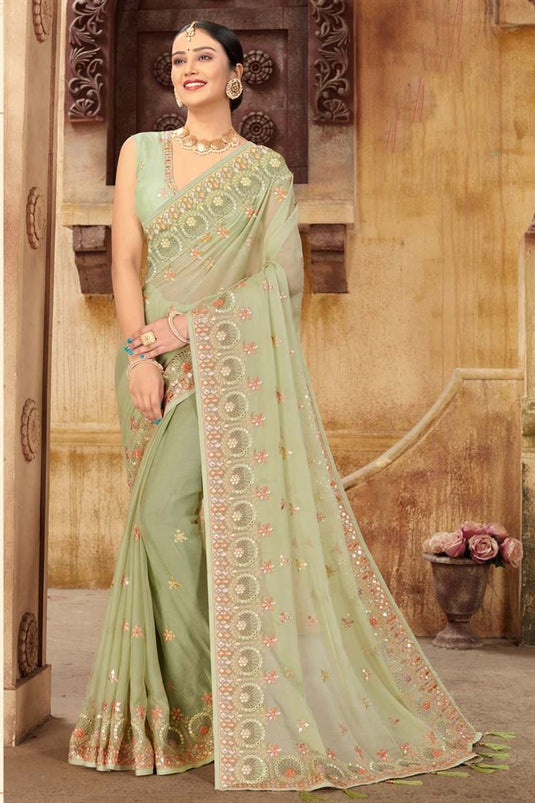 Chiffon Fabric Festival Wear Sea Green Color Phenomenal Saree With Embroidered Work