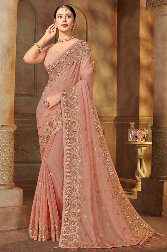 Festival Wear Chiffon Fabric Peach Color Magnificent Saree With Embroidered Work