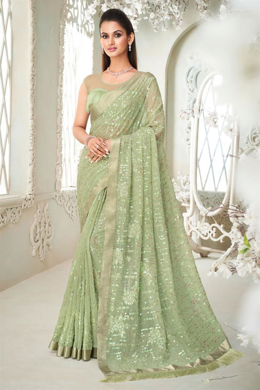 Georgette Fabric Party Style Sea Green Color Phenomenal Sequins Work Saree