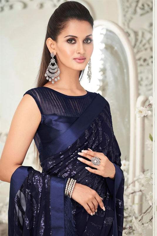 Navy Blue Color Georgette Fabric Party Style Miraculous Sequins Work Saree
