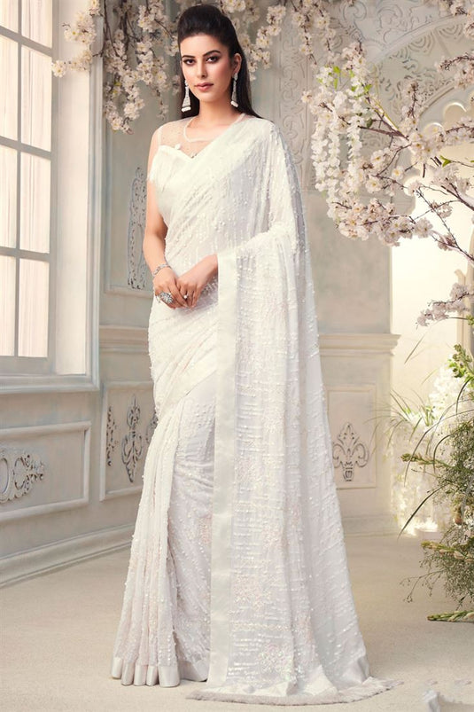 Party Style Georgette Fabric White Color Magnificent Sequins Work Saree