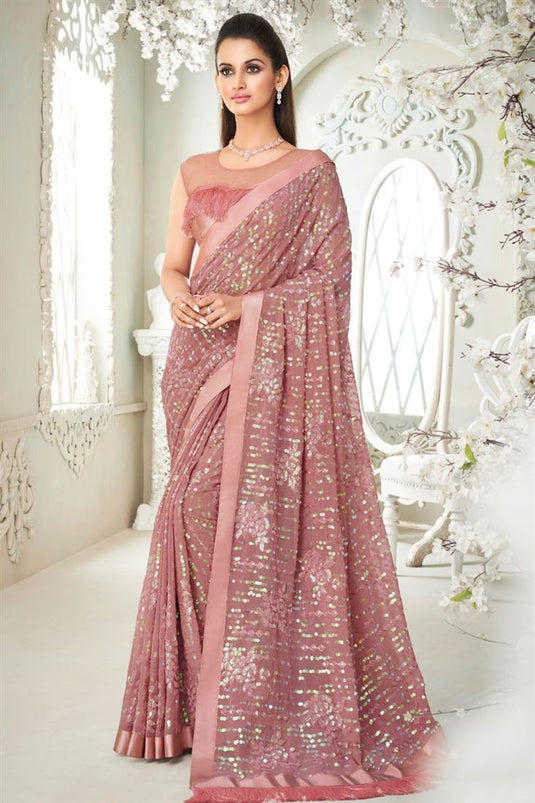 Georgette Fabric Party Style Vivacious Sequins Work Saree In Peach Color