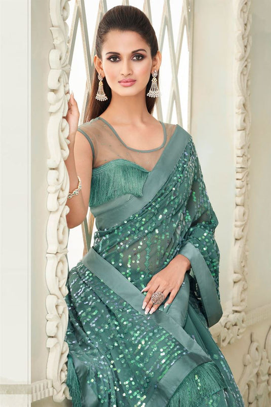 Green Color Georgette Fabric Party Style Adroit Sequins Work Saree